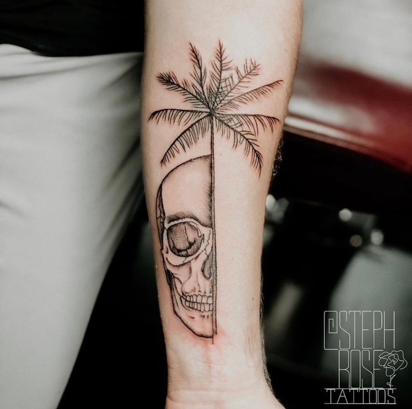 Fineline Skull And Palm Tree Tattoo By Stephanie Tattoos