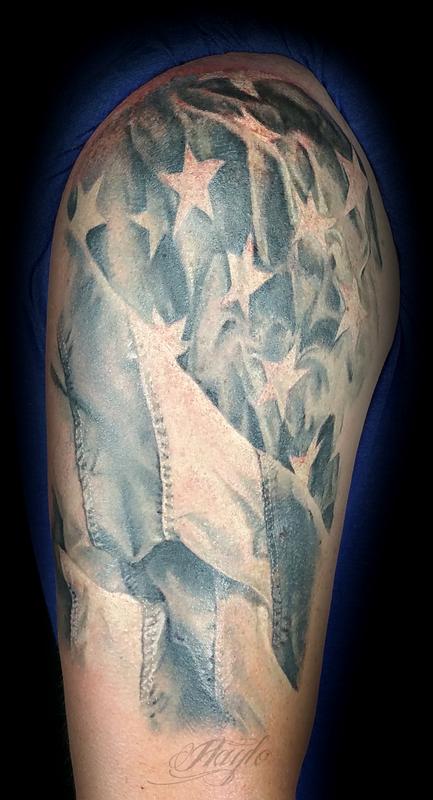 Black and gray realistic American Flag by Haylo : Tattoos