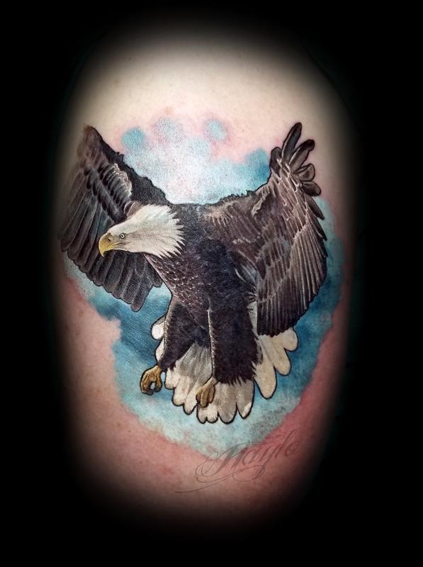 Realistic colored bald eagle 1/2 sleeve by Haylo : Tattoos