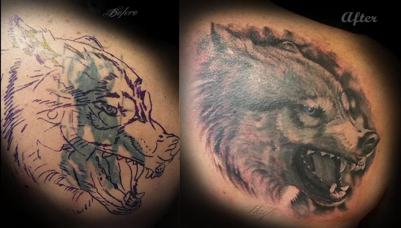 Realistic Wolf cover up by Haylo Tattoos