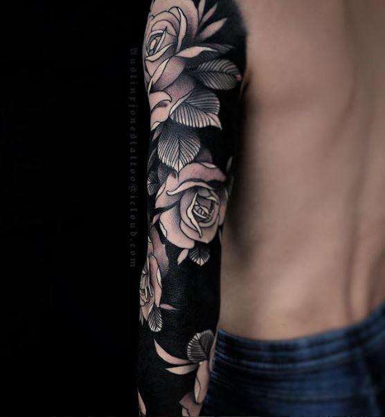Painted Temple : Tattoos : Blackwork : Black Roses and Skull Sleeve Tattoo