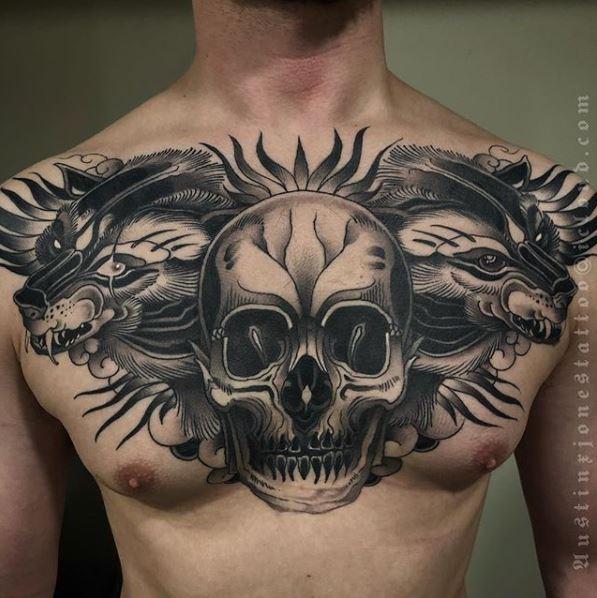 Painted Temple : Tattoos : Skull : Dark Neo Traditional Black and Grey  Skull with Wolves Chest Piece Tattoo