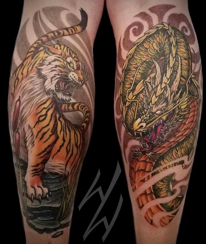 Painted Temple : Tattoos : Sleeves : Walt Watts Dual Tiger and Dragon