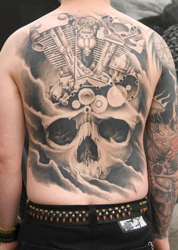 Painted Temple : Tattoos : Skull : Alans Knucklehead Back Tattoo