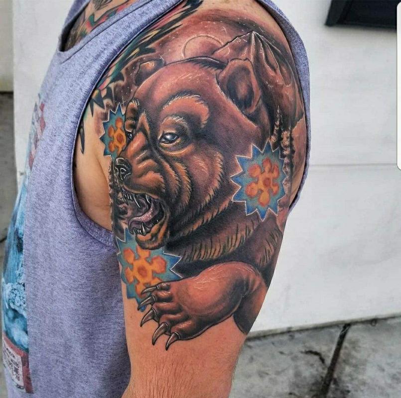 Bear Upper Arm Tattoo by Cody Cook Tattoos