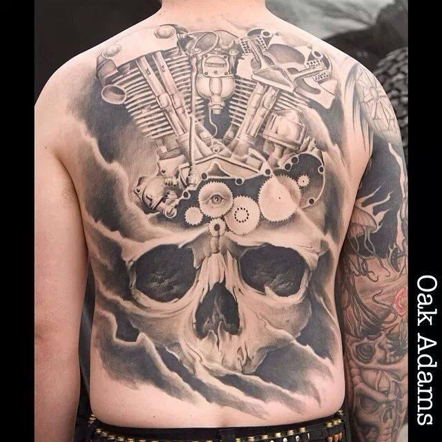 Skull and Motorcycle Motor Back Tattoo by Oak Adams : Tattoos