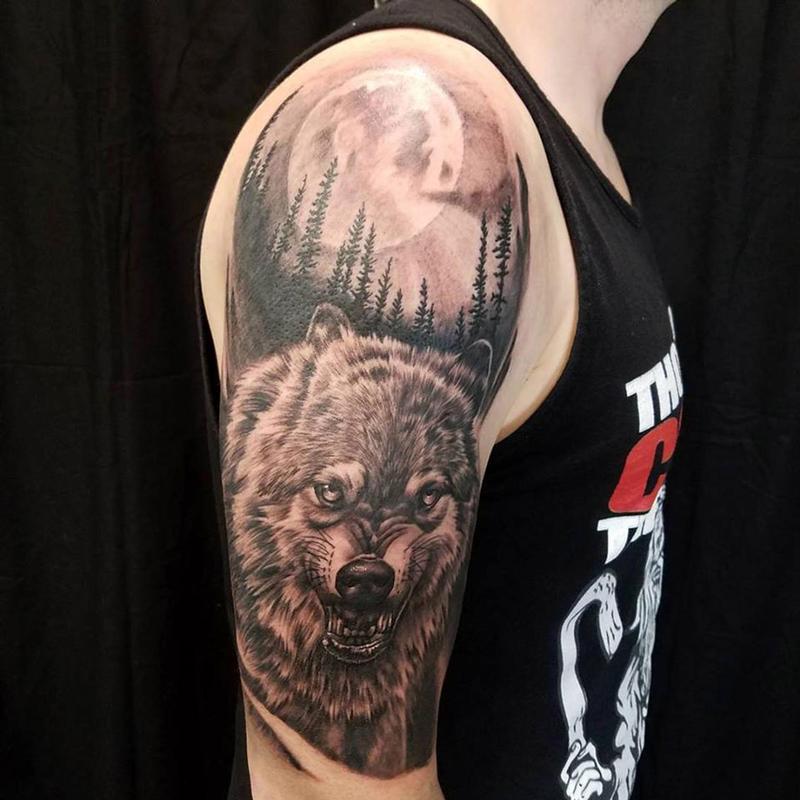 Black and Gray Wolf Half Sleeve Tattoo by Whitney Schiller : Tattoos
