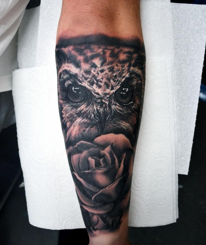 Owl and Rose by Alan Aldred Tattoos