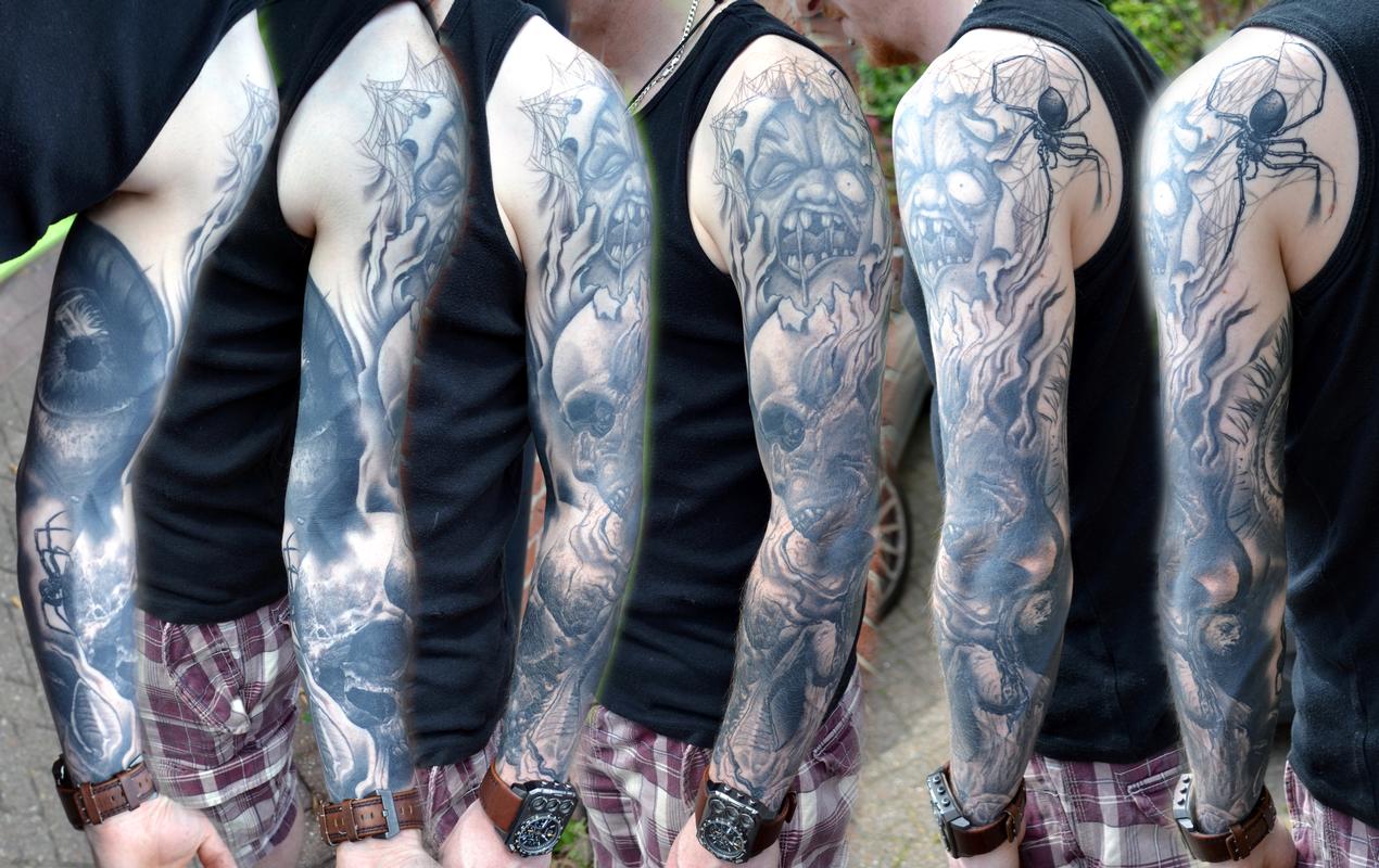 Fully Healed Evil Themed Sleeve Tattoo by Alan Aldred Tattoos