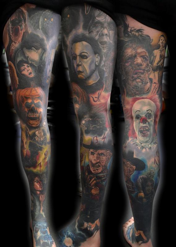 Tattoos by Alan Aldred : Tattoos : Small : Horror Portrait Leg Sleeve