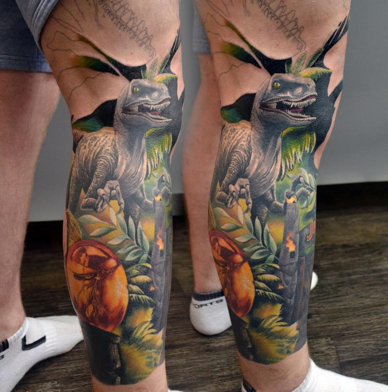 Tattoos by Alan Aldred : Tattoos : Misc : Work In Progress Jurassic Park Leg  Sleeve