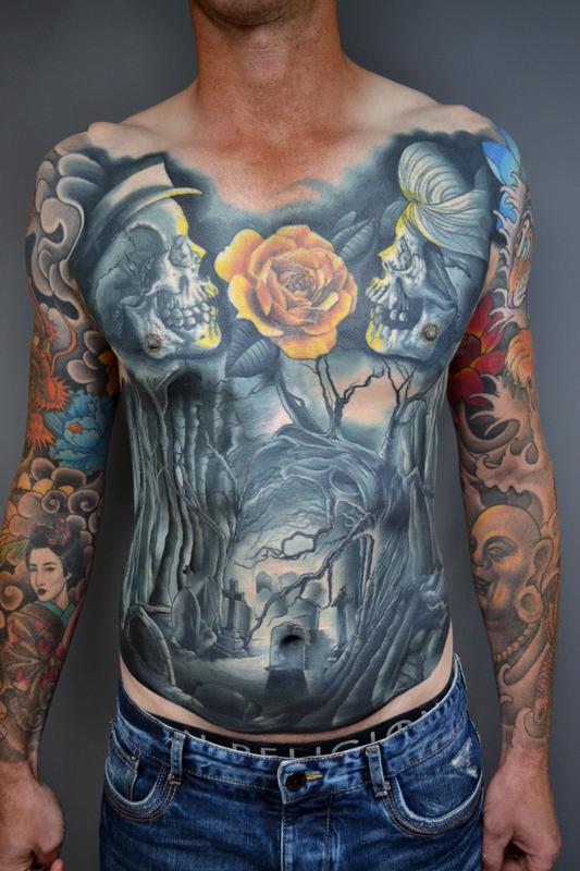 Tattoos by Alan Aldred : Tattoos : Stand Alone : Cemetery Torso Colour  Tattoo