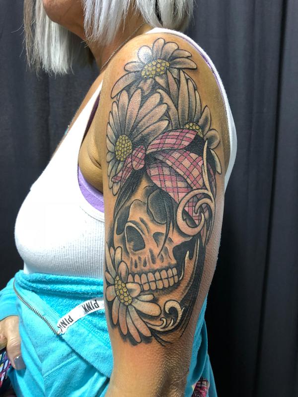 Skull with Bandana amongst the Daisies.. by Billy Gale Tattoos