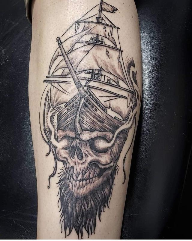 Skull pirate ship by Blake Ohrt (MADISON) Tattoos