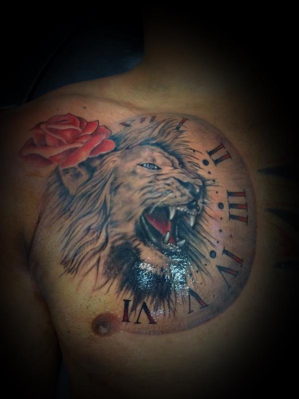 Lion w/ clock and rose by Jon Morrison (MADISON) Tattoos