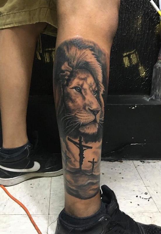 Art Immortal Tattoo : Tattoos : Black and Gray : Lion cross