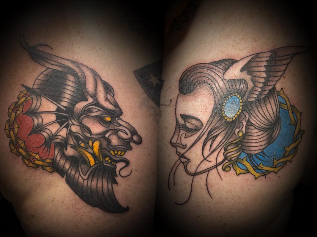 Art Immortal Tattoo : Tattoos : Black and Gray : Demon/Angel faces on the  chest