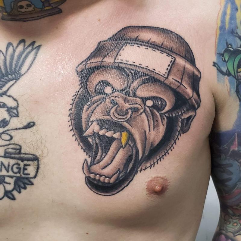 Art Immortal Tattoo Tattoos Traditional Old School New Traditional Gorilla With Gold Tooth Tattoo On Chest