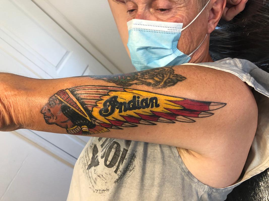 Indian Motorcycle Logo 10 days into healing by Howard Bell Tattoos