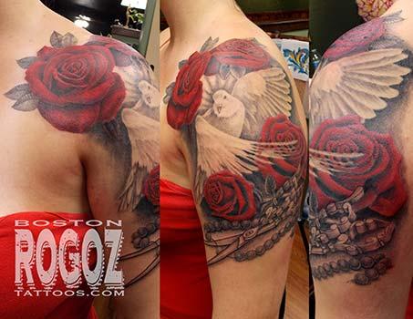 Boston Rogoz Tattoo : Tattoos : Black and Gray : Dove and Roses Tattoo