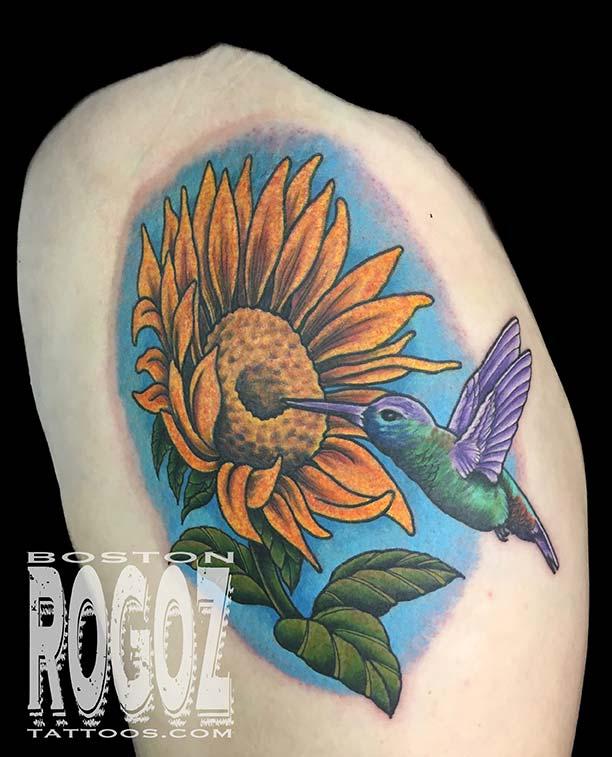 Sunflower and Hummingbird tattoo by Boston Rogoz Tattoos