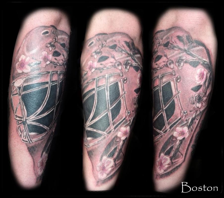 Hockey Goalie Mask Tattoo by Boston Rogoz Tattoos