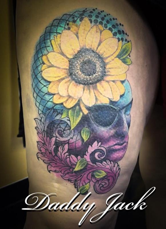 Sunflower and Face Memorial Tattoo by Daddy Jack Tattoos