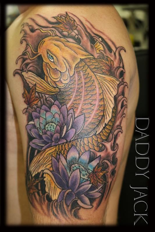 Realistic Koi Fish and Lotus Flowers by Daddy Jack Tattoos