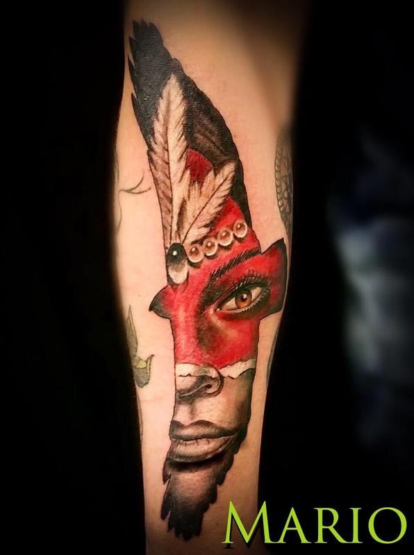 Native American Woman in Hawk by Mario Padilla : Tattoos