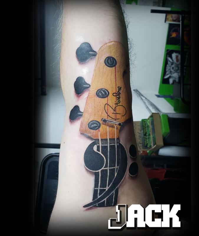 Daddy Jacks Body Art Studio : Tattoos : Body Part Arm : Base Guitar tattoo