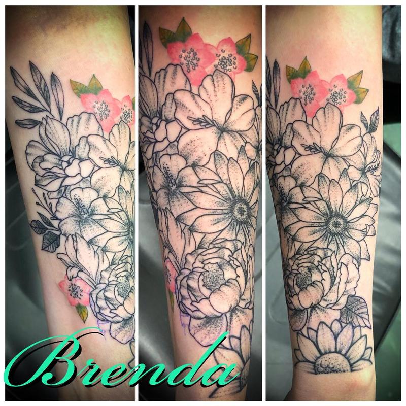 Floral with a Pop of Color by Brenda Kaye Tattoos