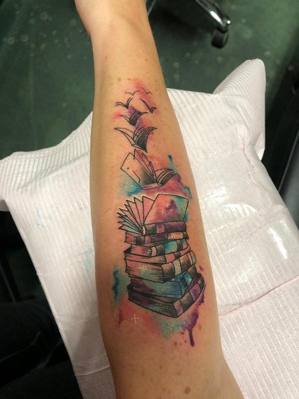 Watercolor Stack of Books by Brenda Kaye Tattoos