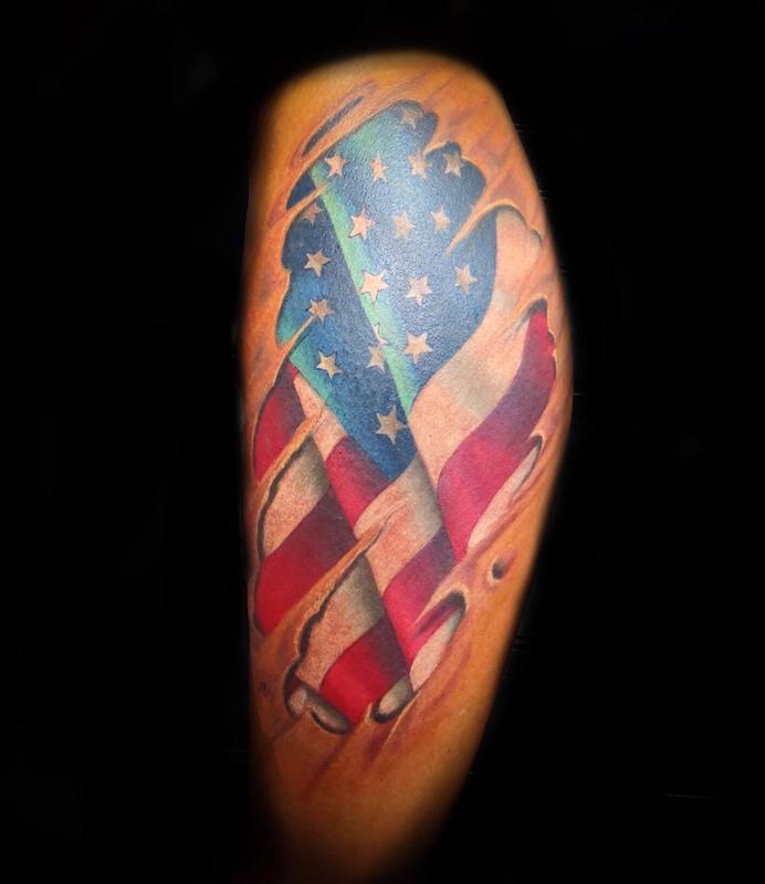 American Flag w/Skin Rip by Daddy Jack Tattoos