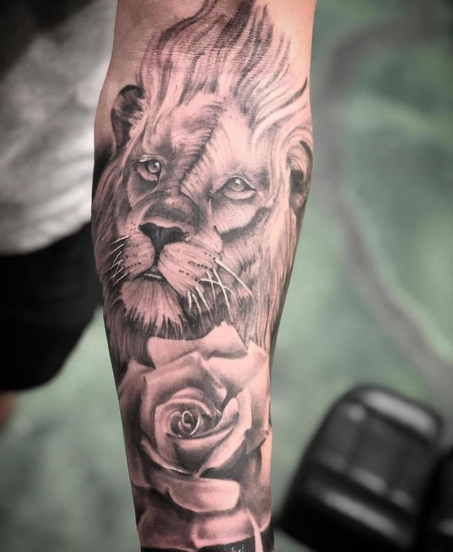 Lion and Rose by Jake Hand Tattoos