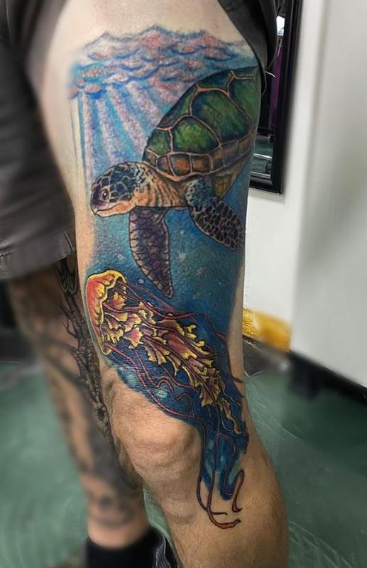 colored ocean themed leg piece by Ron Goulet : Tattoos