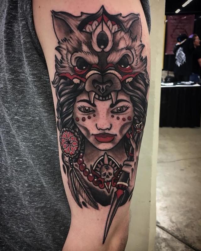 Traditional lady with wolf cowl by Jake Hand : Tattoos