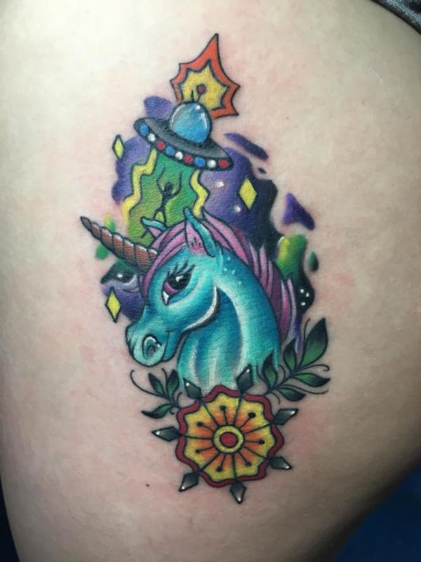 Alien and unicorn tattoo by Jake Hand : Tattoos