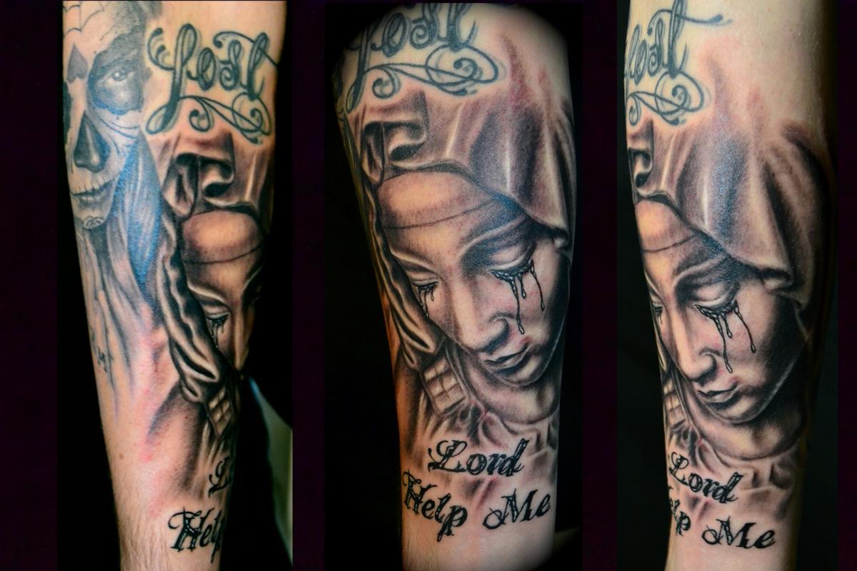 Ryan El Dugi Lewis : Tattoos : Evil : Virgin Mary Crying Tears of Blood