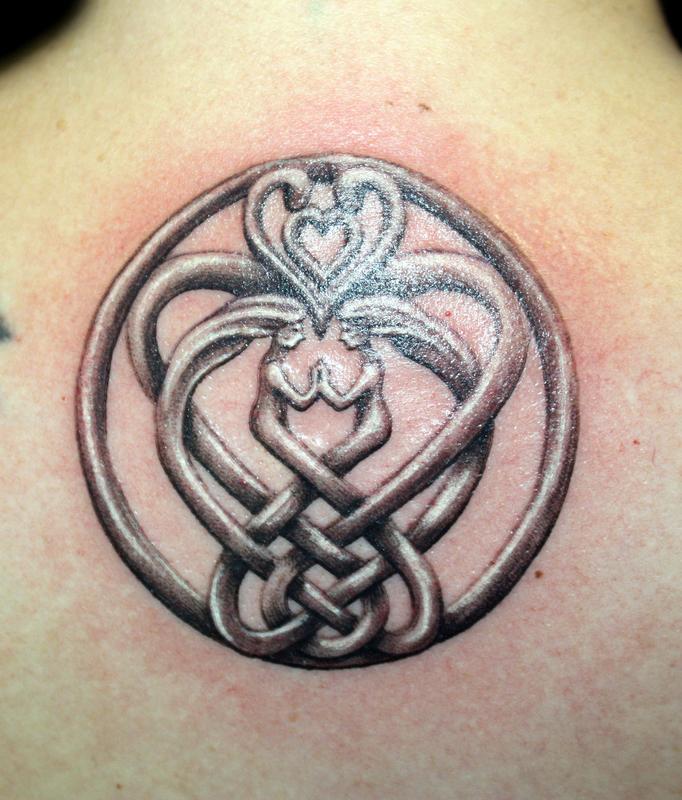 black and grey celtic sisters tattoo by Angela Leaf Tattoos