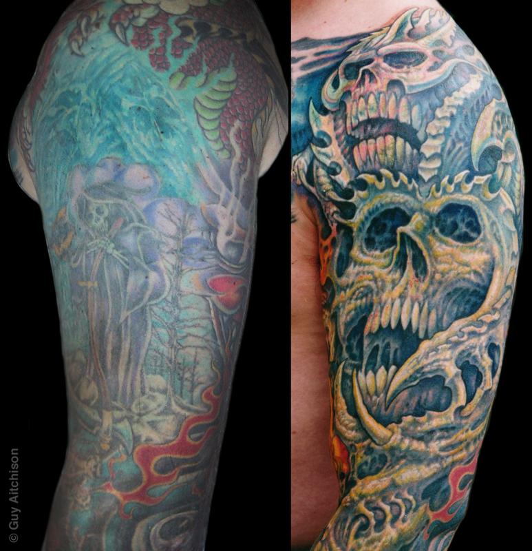 Guy Aitchison : Tattoos : Coverup : Robert, upper arm closeup
