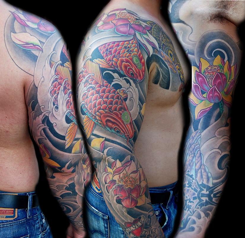 Koi Fish and Lotus Sleeve by Marvin Silva Tattoos