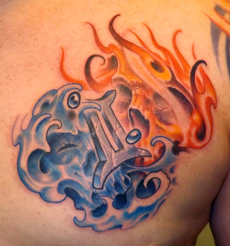 Custom Gemini, Skulls, Fire and Water Tattoo by Marvin Silva Tattoos