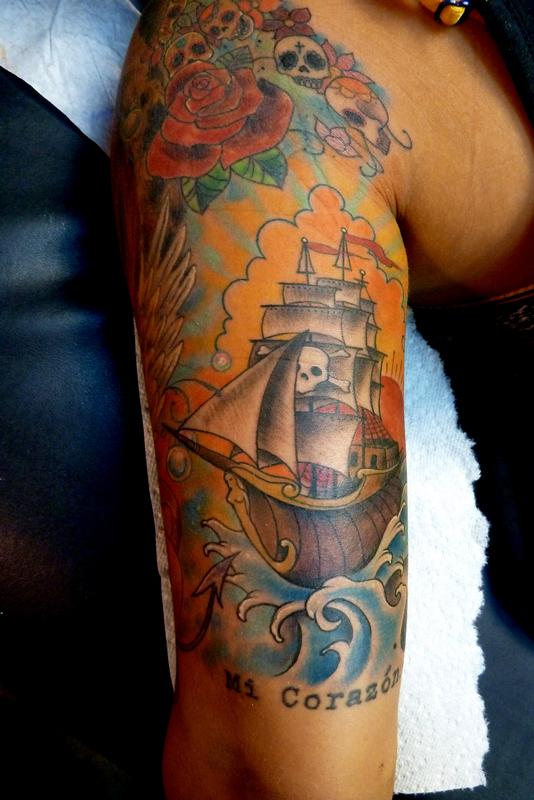 pirate ship half sleeve tattoos