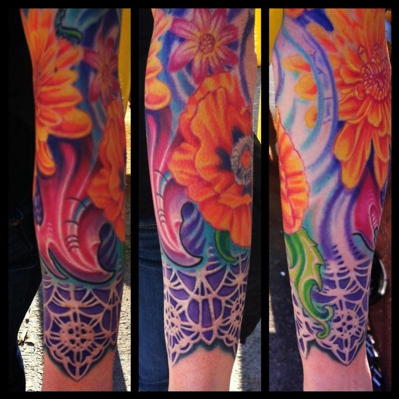 Bio organic flower and lace tattoo by Phil Robertson Tattoos