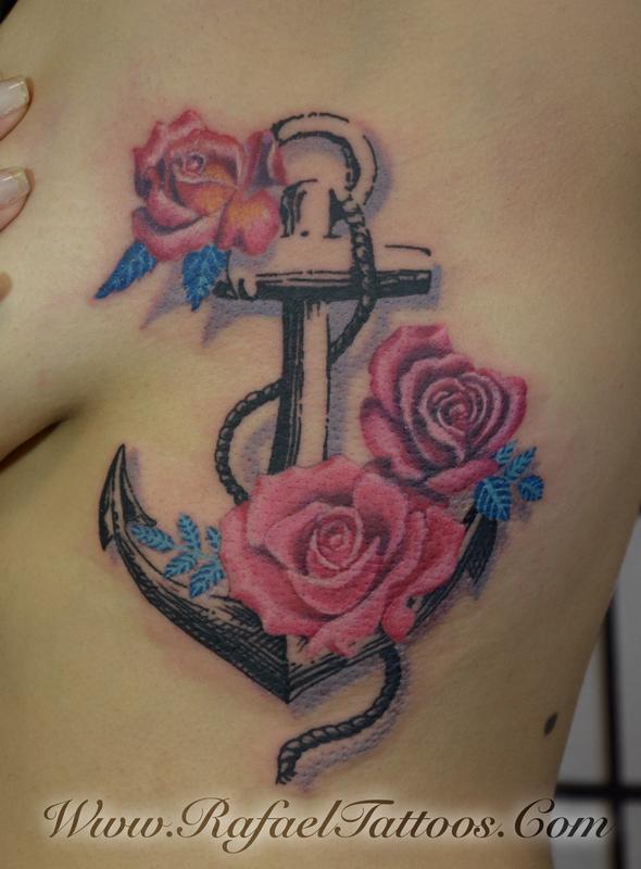 Rafael Marte Tattoos : Tattoos : Flower Rose : Graphic anchor with  realistic roses