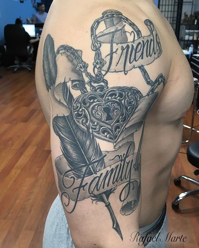 Rafael Marte Tattoos : Tattoos : Lettering : Black and Grey Feather,  locket, and banner with Friends Family