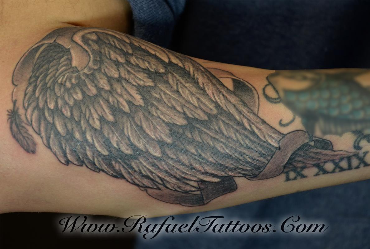 Rafael Marte Tattoos : Tattoos : Fine Line : Black and Grey wing on Forearm