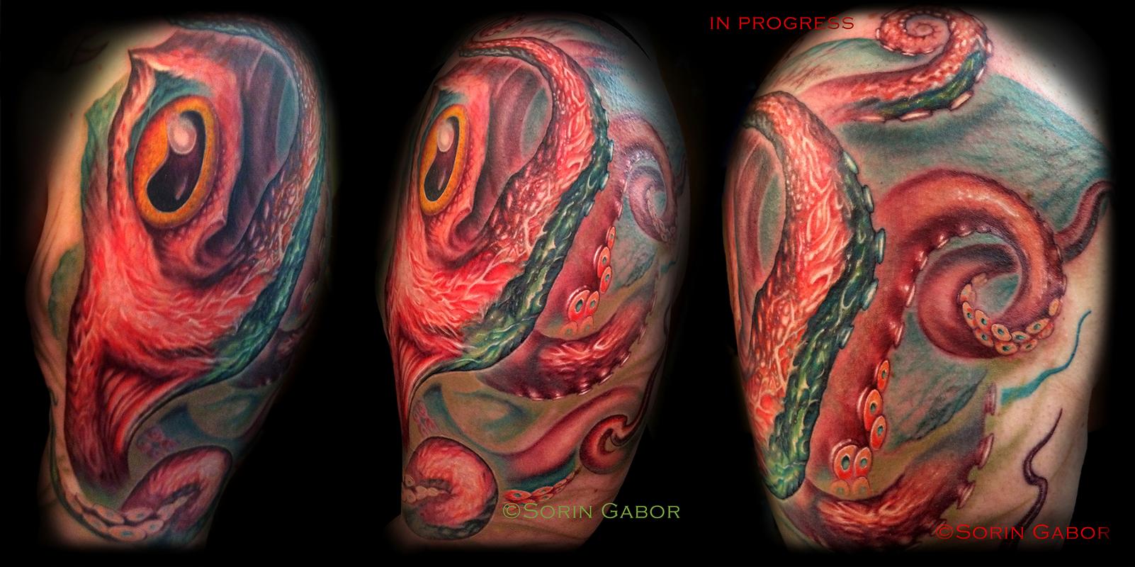 Realistic frehand color octopus coverup tattoo by Sorin Gabor : Tattoos