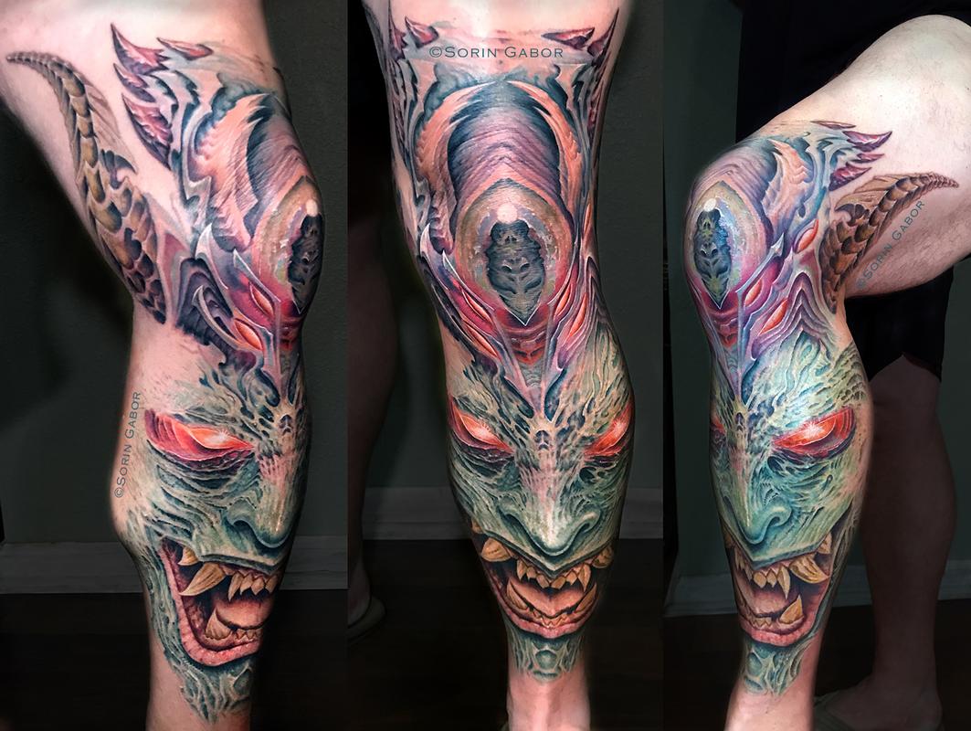 Realistic custom color oni bio organic leg tattoo by Sorin Gabor : Tattoos