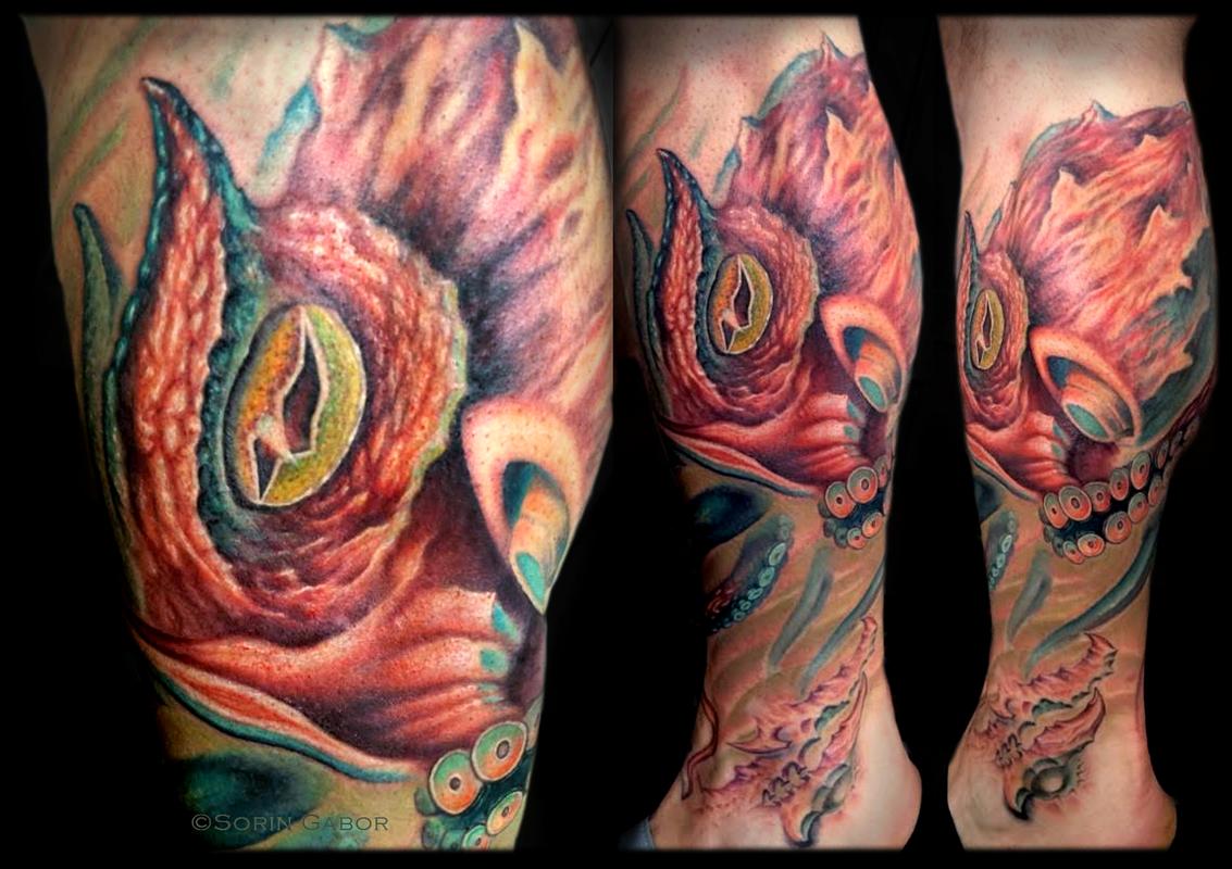 Sorin Gabor at Sugar City Tattoo : Tattoos : Half-Sleeve : realistic color  octopus puffer fish and bio sealife leg sleeve tattoo